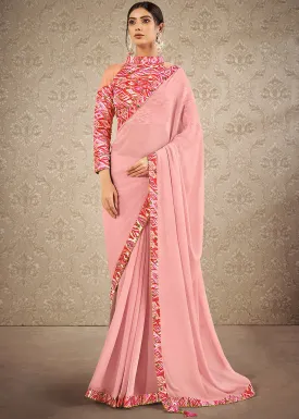 Salmon Pink Digital Print Silk Chiffon Designer Saree