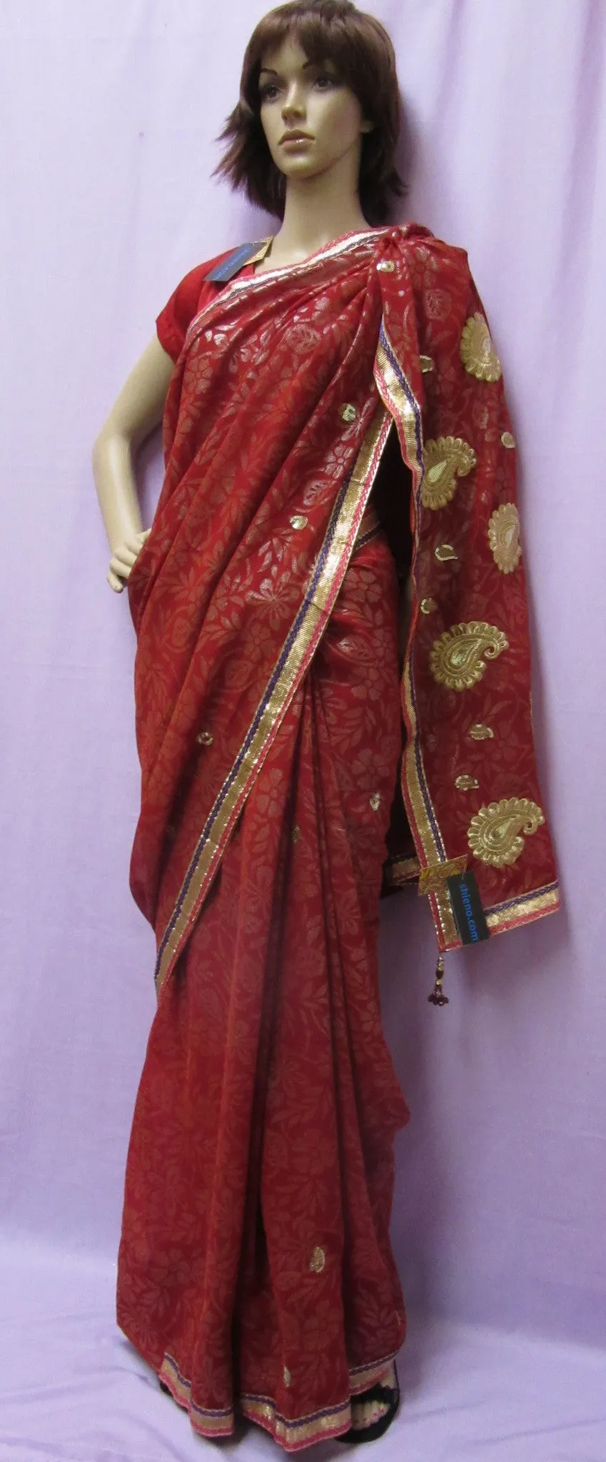 Saree 4929 Readymade Red Chiffon Gold Detail Pre Stitched Sari For Women