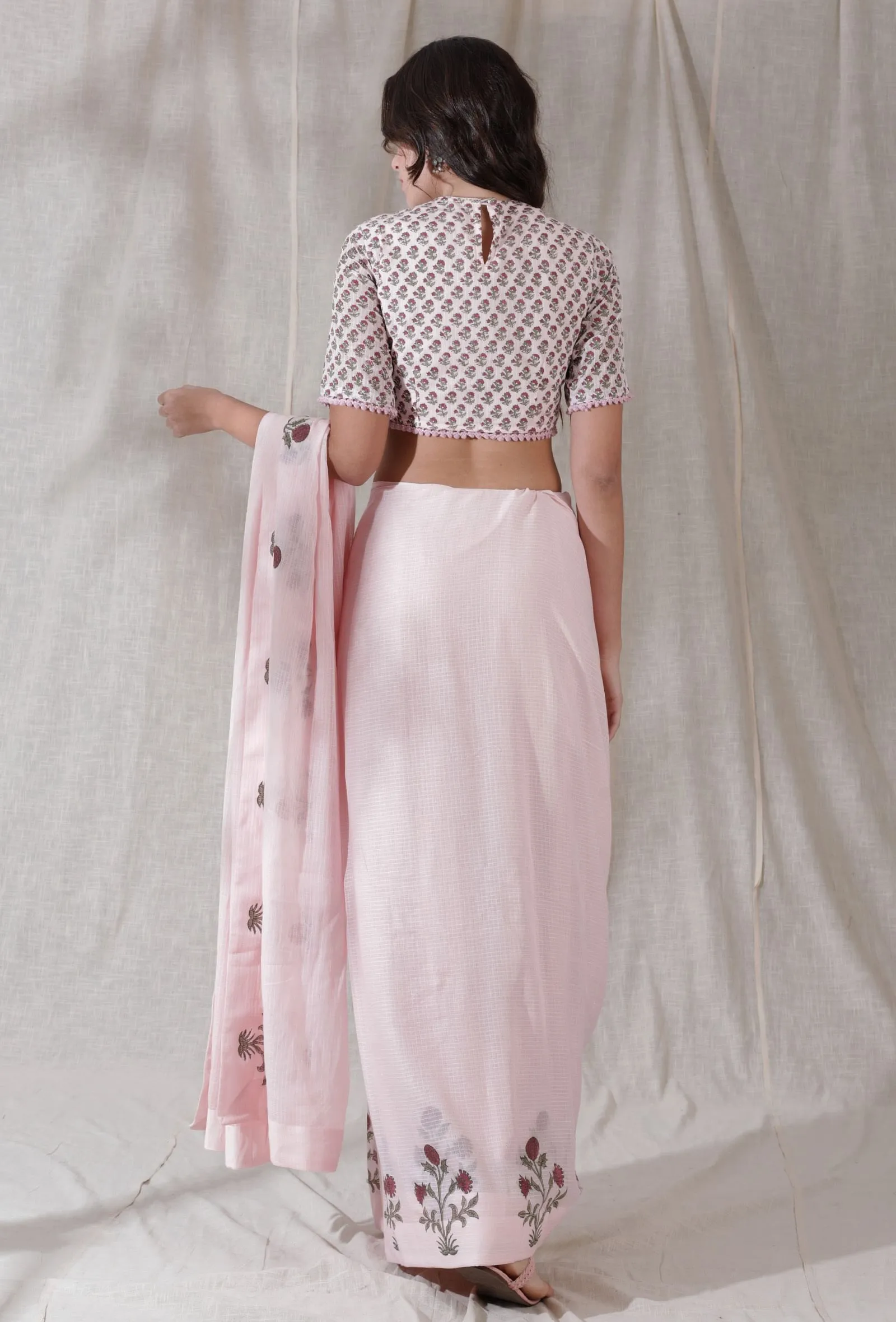 Set of 2- Lemonade pink kota cotton blockprinted blouse with kota cotton blockprinted saree