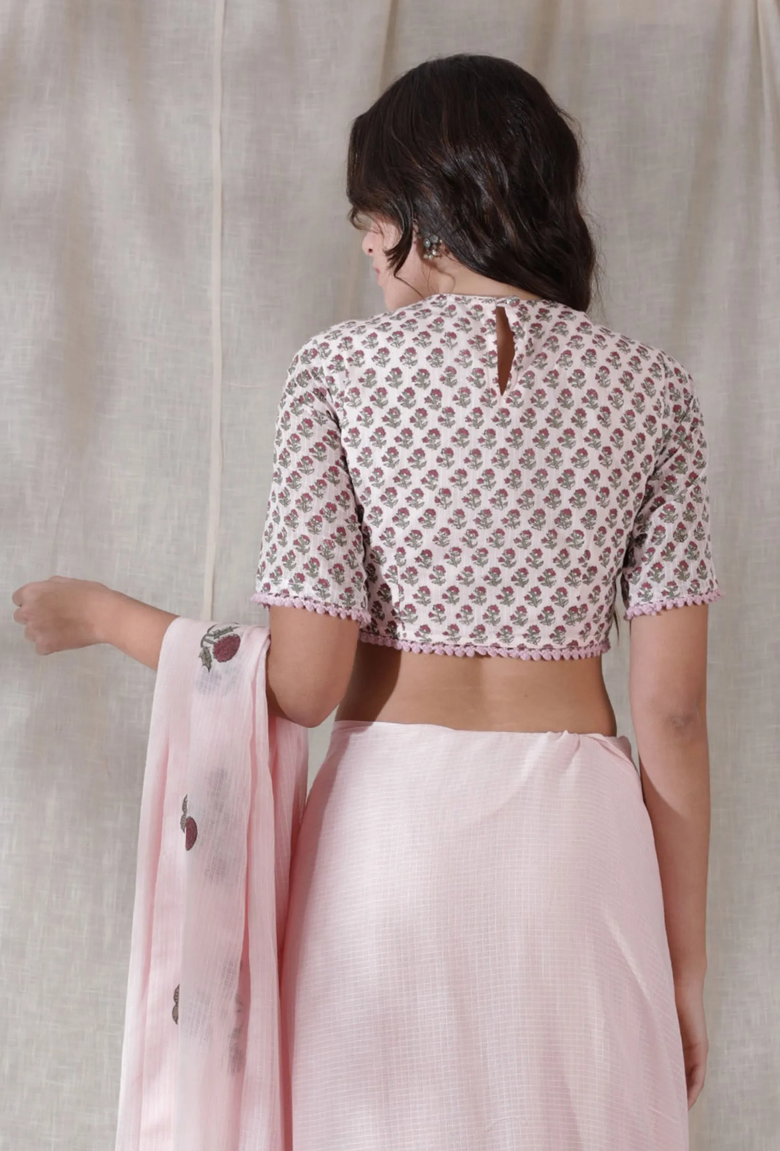 Set of 2- Lemonade pink kota cotton blockprinted blouse with kota cotton blockprinted saree