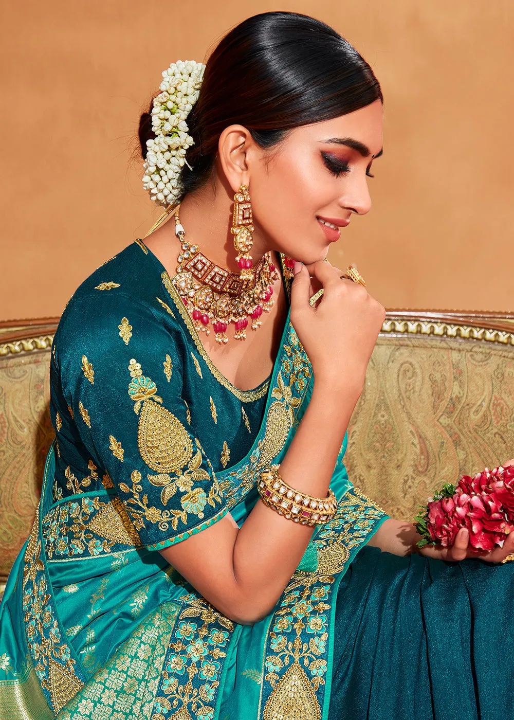 Shades Of Blue Heavy Embroidered Banarasi Silk Saree