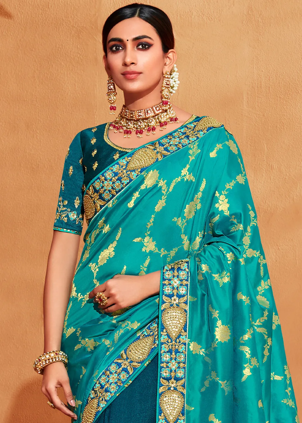 Shades Of Blue Heavy Embroidered Banarasi Silk Saree