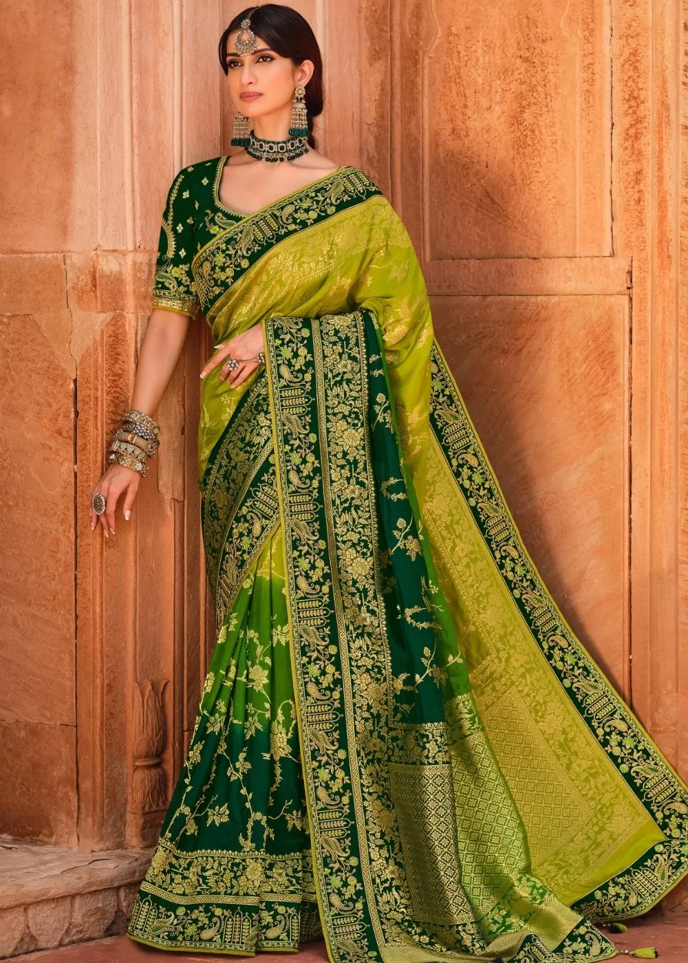 Shades Of Green Woven Dola Silk Saree Having Khatli work on Border & Blouse