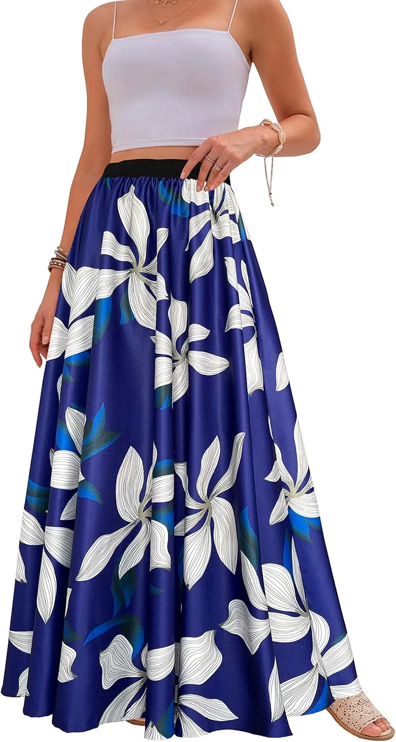 Sinono Women's Chiffon Stripe Maxi Skirt High Waist Mopping Floor Skirts