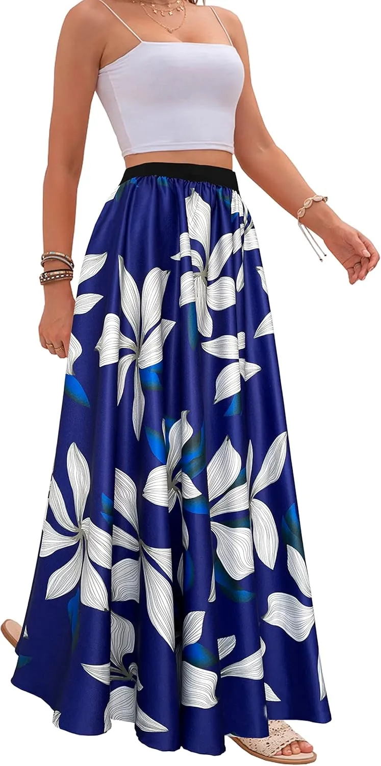 Sinono Women's Chiffon Stripe Maxi Skirt High Waist Mopping Floor Skirts