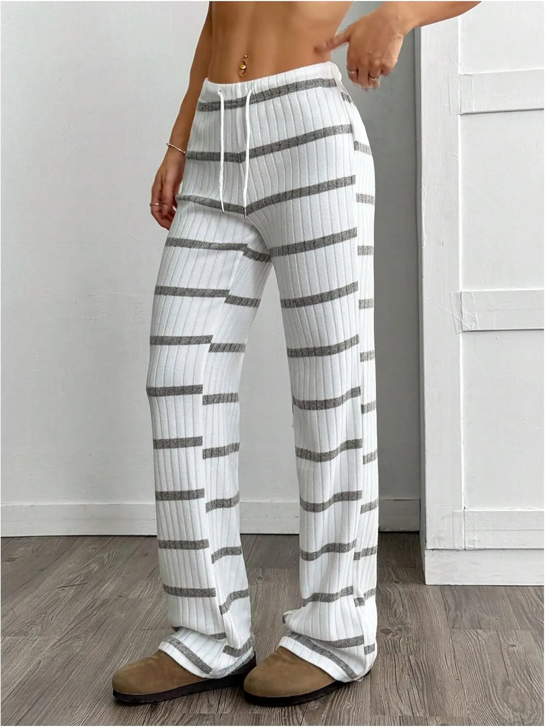 SOLY HUX Women's Striped Pants Drawstring Low Rise Flare Leg Long Pants Trousers