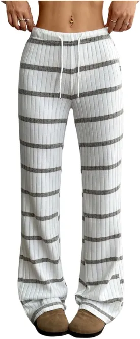 SOLY HUX Women's Striped Pants Drawstring Low Rise Flare Leg Long Pants Trousers