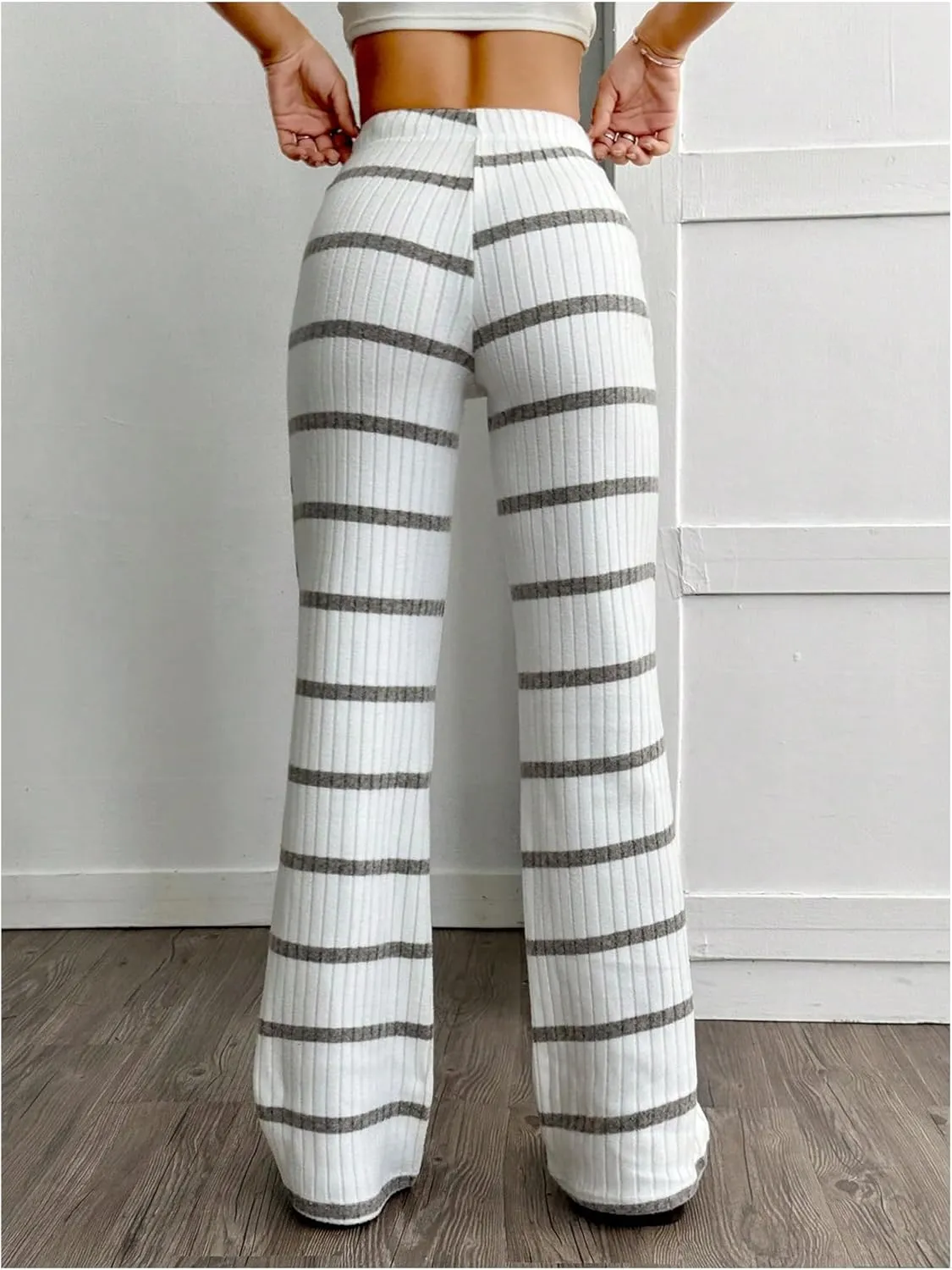 SOLY HUX Women's Striped Pants Drawstring Low Rise Flare Leg Long Pants Trousers