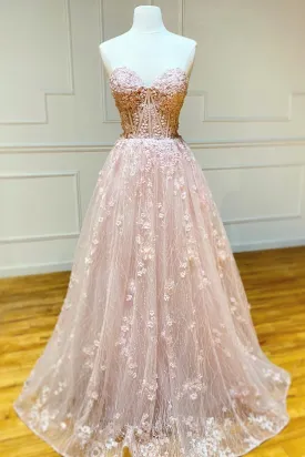 Strapless Sweetheart Neck Pink Lace Long Prom Dress Pink Lace Formal Graduation Evening Dress