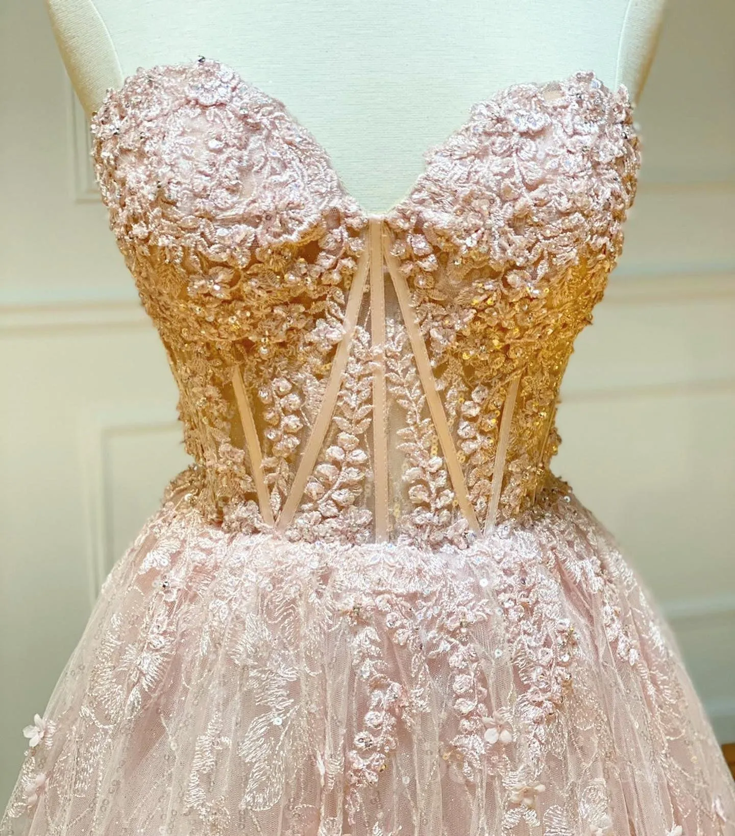 Strapless Sweetheart Neck Pink Lace Long Prom Dress Pink Lace Formal Graduation Evening Dress