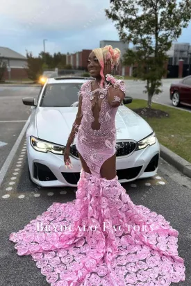 Striking Pink Rhinestone Feather 3D Roses Mermaid Prom Dress