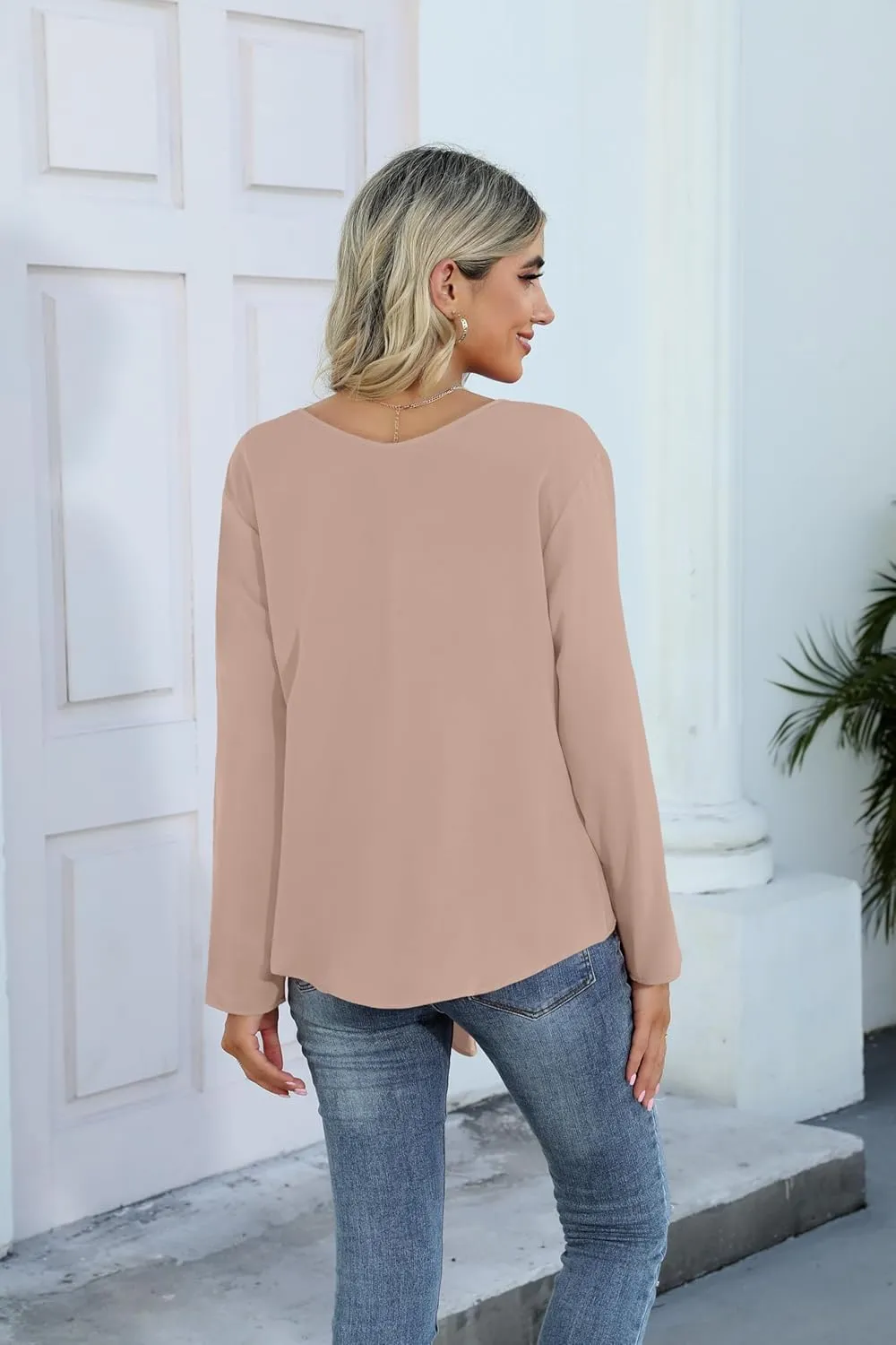 SUEANI Women's Tie Front Tops Roll Up Sleeve V Neck Chiffon Blouse Casual Work Shirt