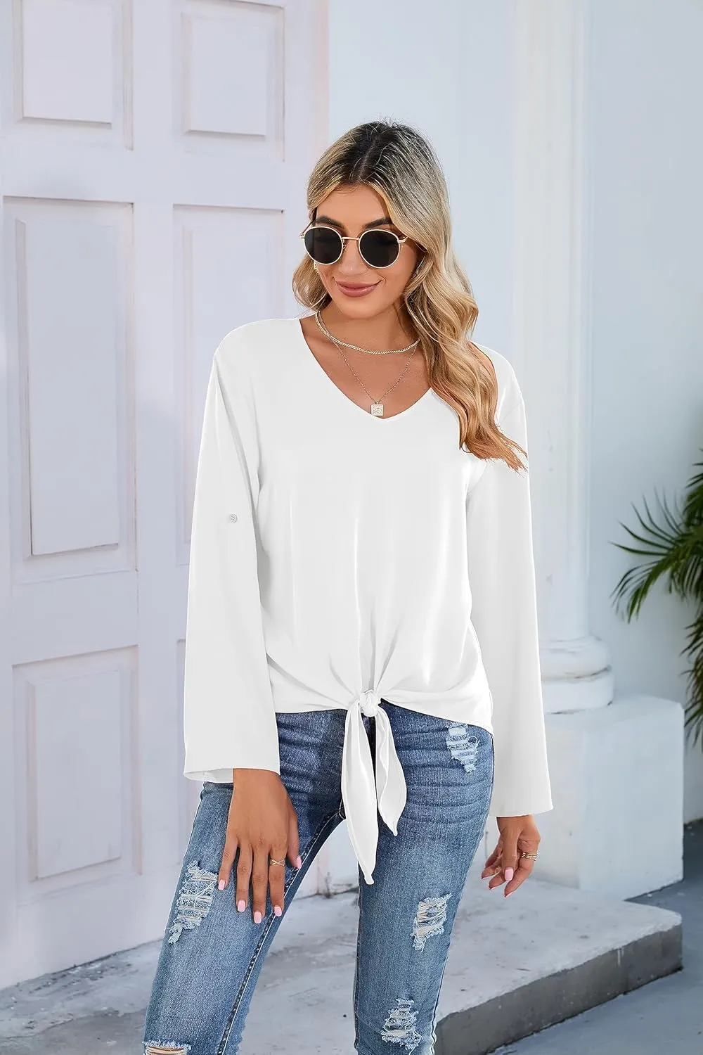 SUEANI Women's Tie Front Tops Roll Up Sleeve V Neck Chiffon Blouse Casual Work Shirt