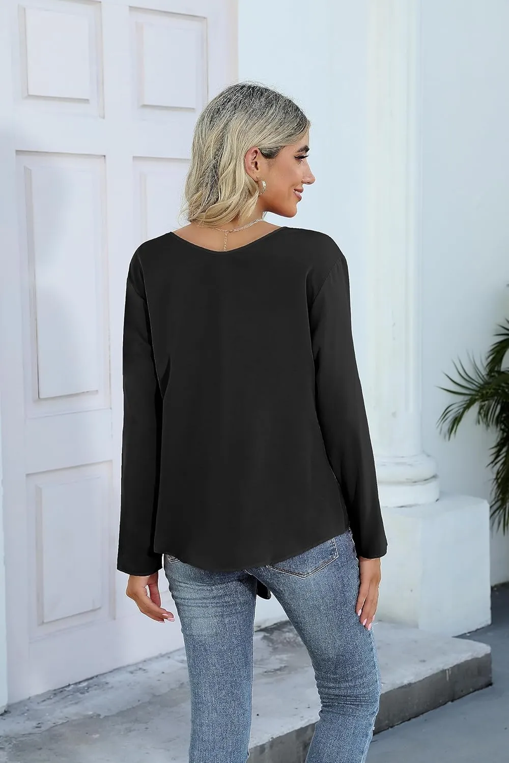 SUEANI Women's Tie Front Tops Roll Up Sleeve V Neck Chiffon Blouse Casual Work Shirt