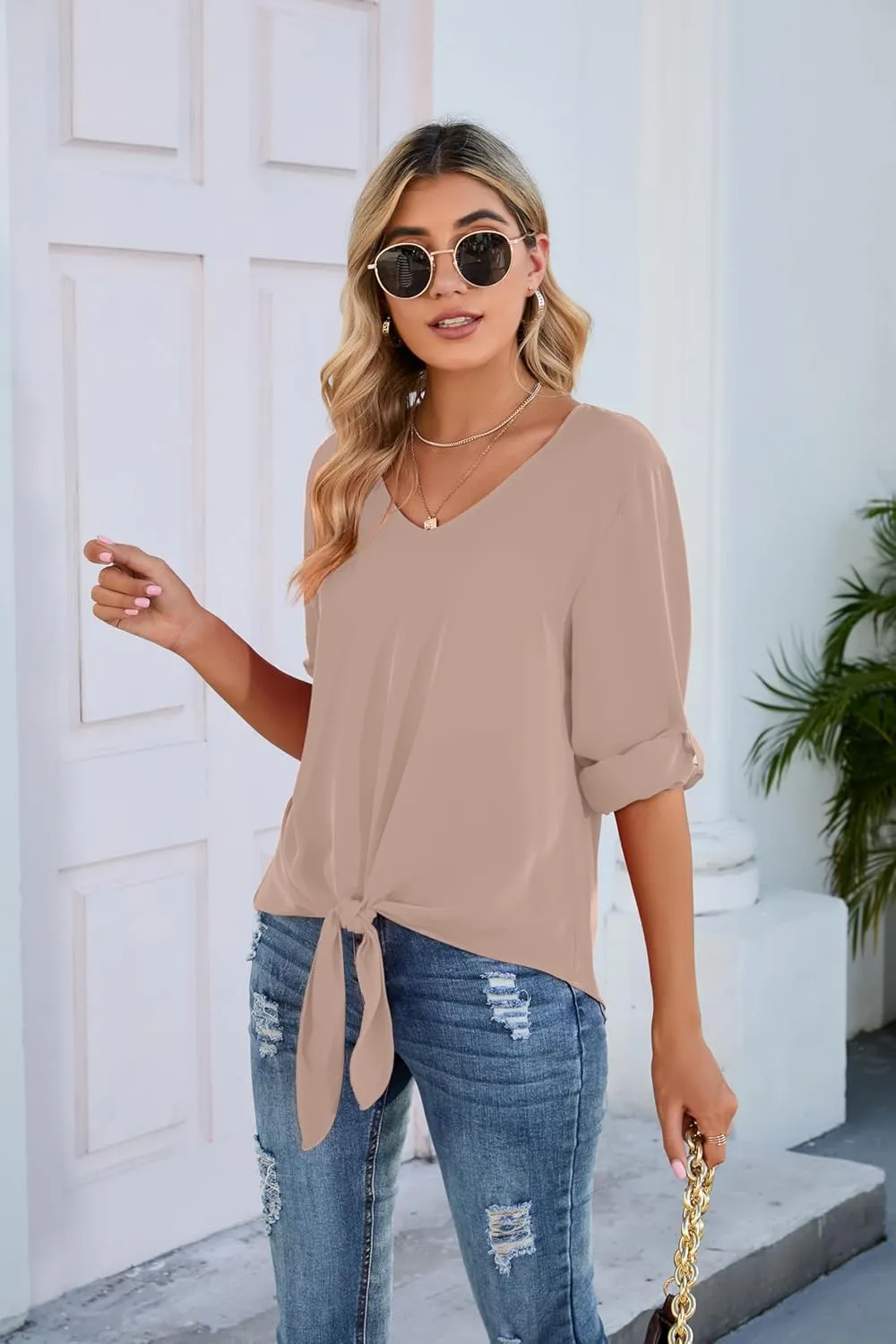 SUEANI Women's Tie Front Tops Roll Up Sleeve V Neck Chiffon Blouse Casual Work Shirt