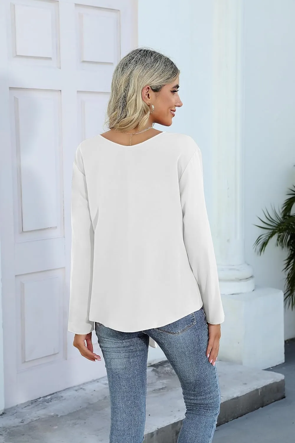 SUEANI Women's Tie Front Tops Roll Up Sleeve V Neck Chiffon Blouse Casual Work Shirt
