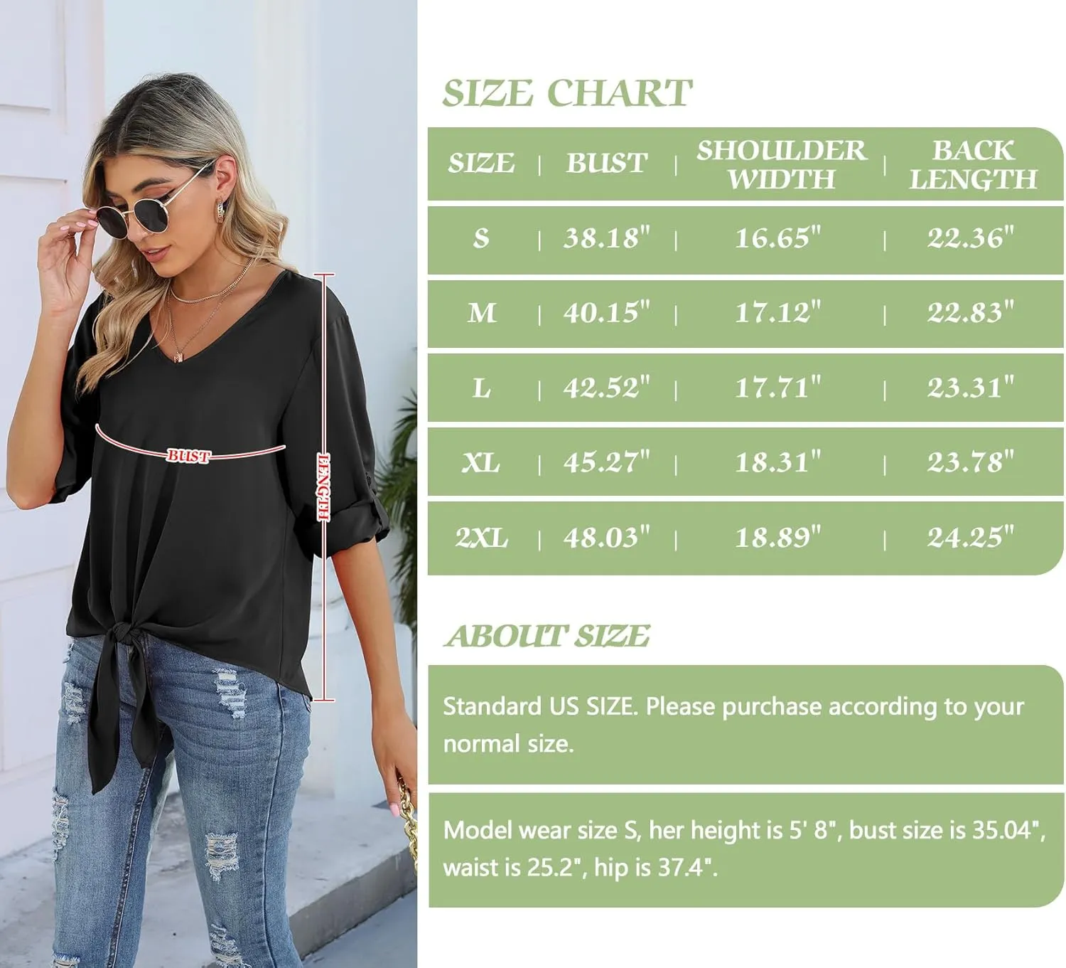 SUEANI Women's Tie Front Tops Roll Up Sleeve V Neck Chiffon Blouse Casual Work Shirt