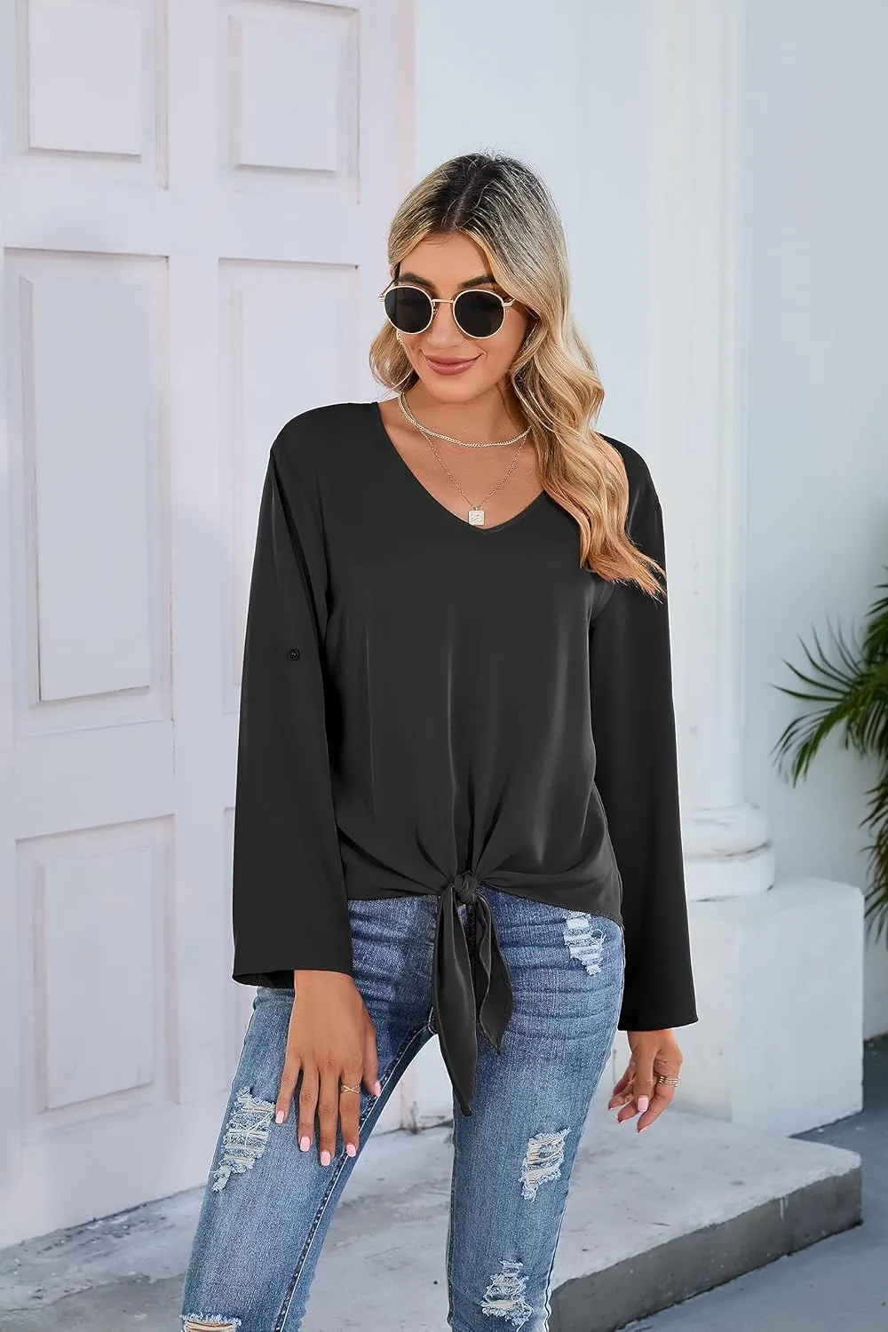 SUEANI Women's Tie Front Tops Roll Up Sleeve V Neck Chiffon Blouse Casual Work Shirt