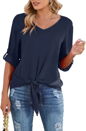SUEANI Women's Tie Front Tops Roll Up Sleeve V Neck Chiffon Blouse Casual Work Shirt