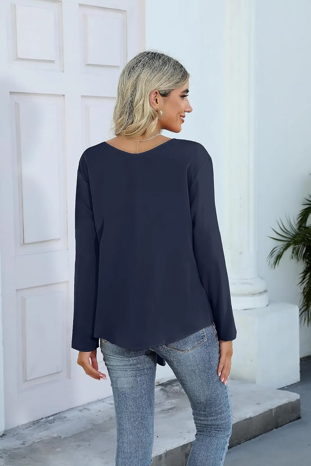 SUEANI Women's Tie Front Tops Roll Up Sleeve V Neck Chiffon Blouse Casual Work Shirt