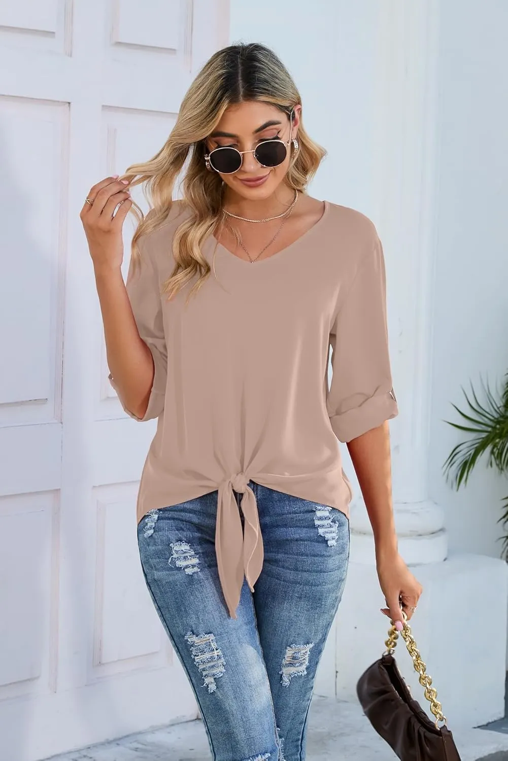 SUEANI Women's Tie Front Tops Roll Up Sleeve V Neck Chiffon Blouse Casual Work Shirt