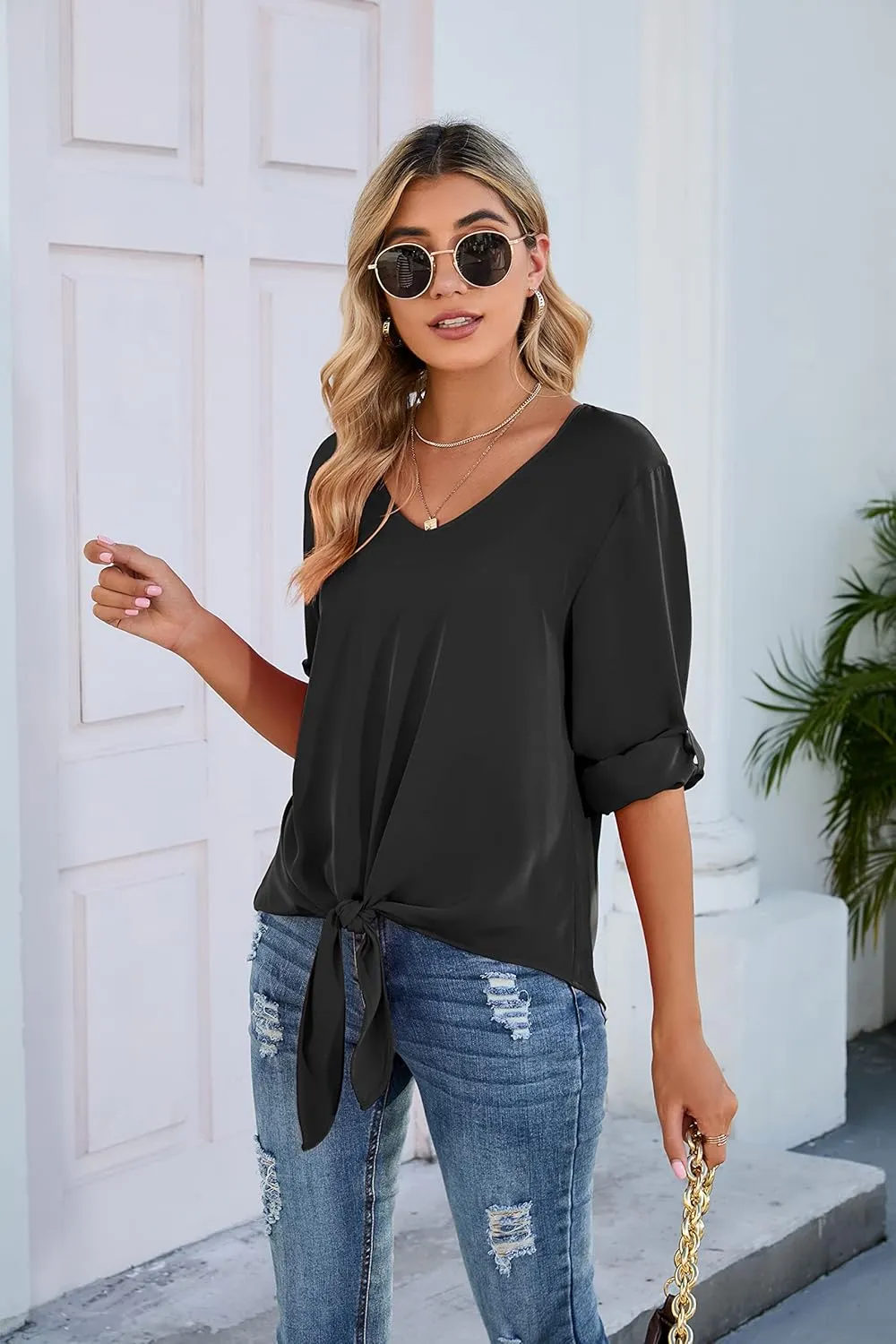 SUEANI Women's Tie Front Tops Roll Up Sleeve V Neck Chiffon Blouse Casual Work Shirt