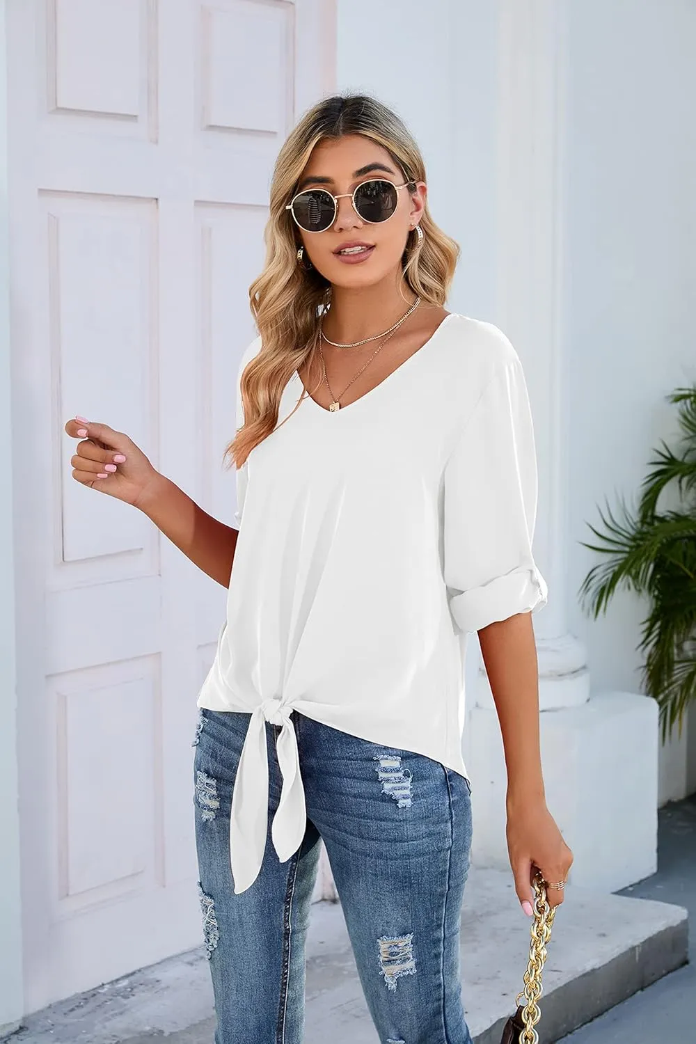 SUEANI Women's Tie Front Tops Roll Up Sleeve V Neck Chiffon Blouse Casual Work Shirt