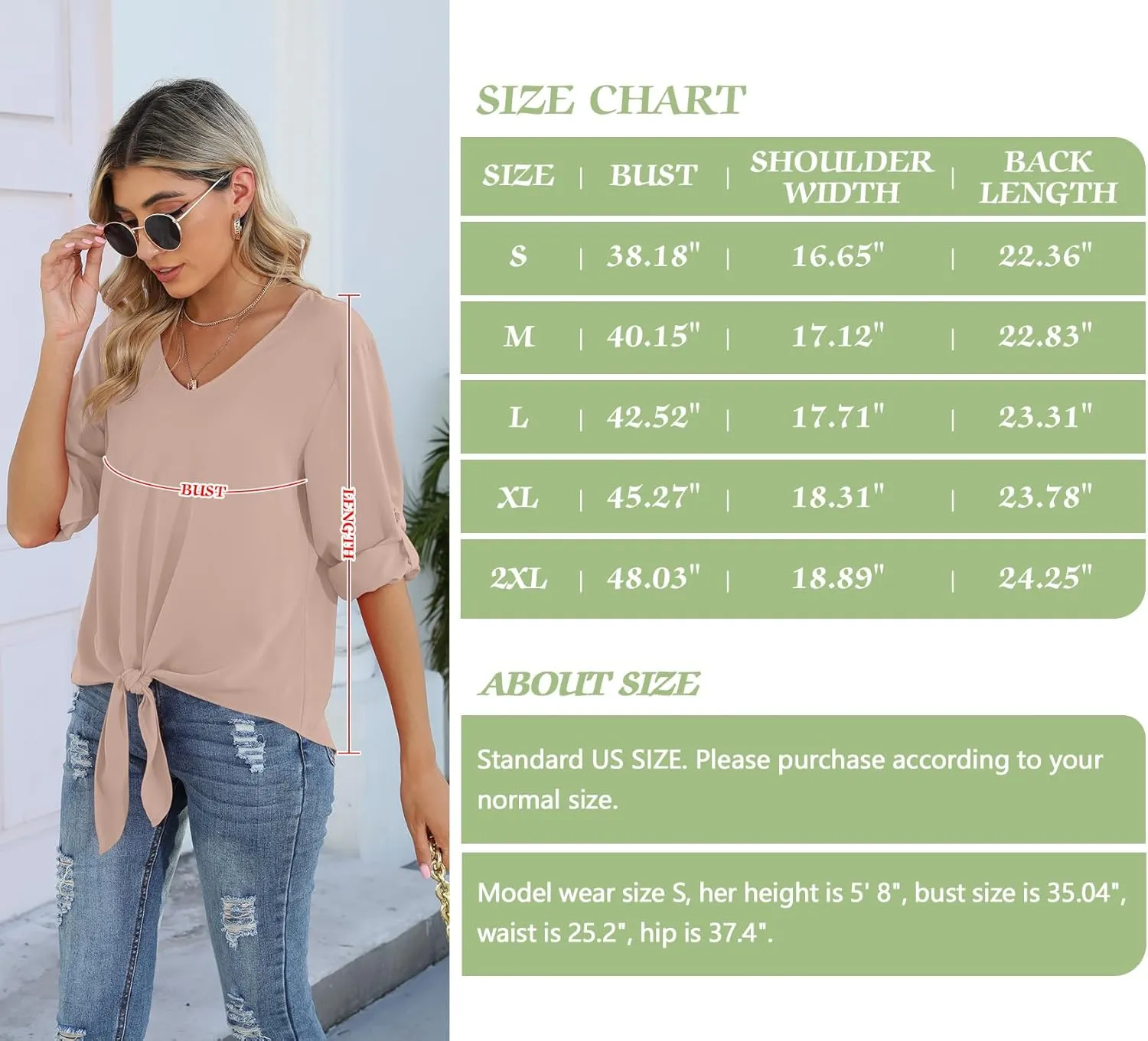 SUEANI Women's Tie Front Tops Roll Up Sleeve V Neck Chiffon Blouse Casual Work Shirt