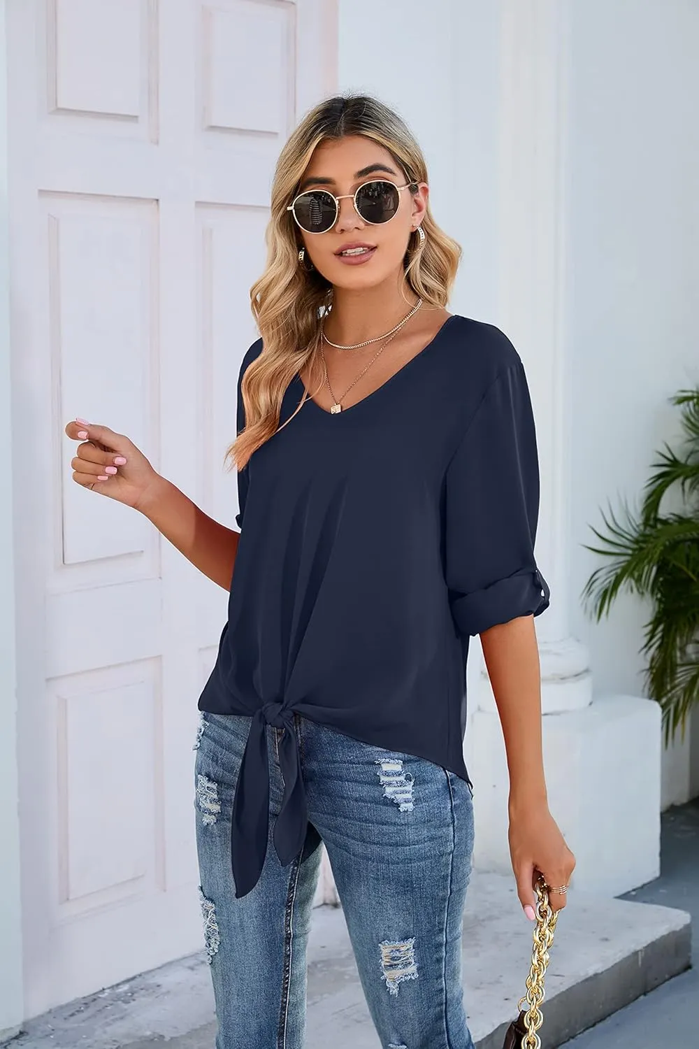 SUEANI Women's Tie Front Tops Roll Up Sleeve V Neck Chiffon Blouse Casual Work Shirt