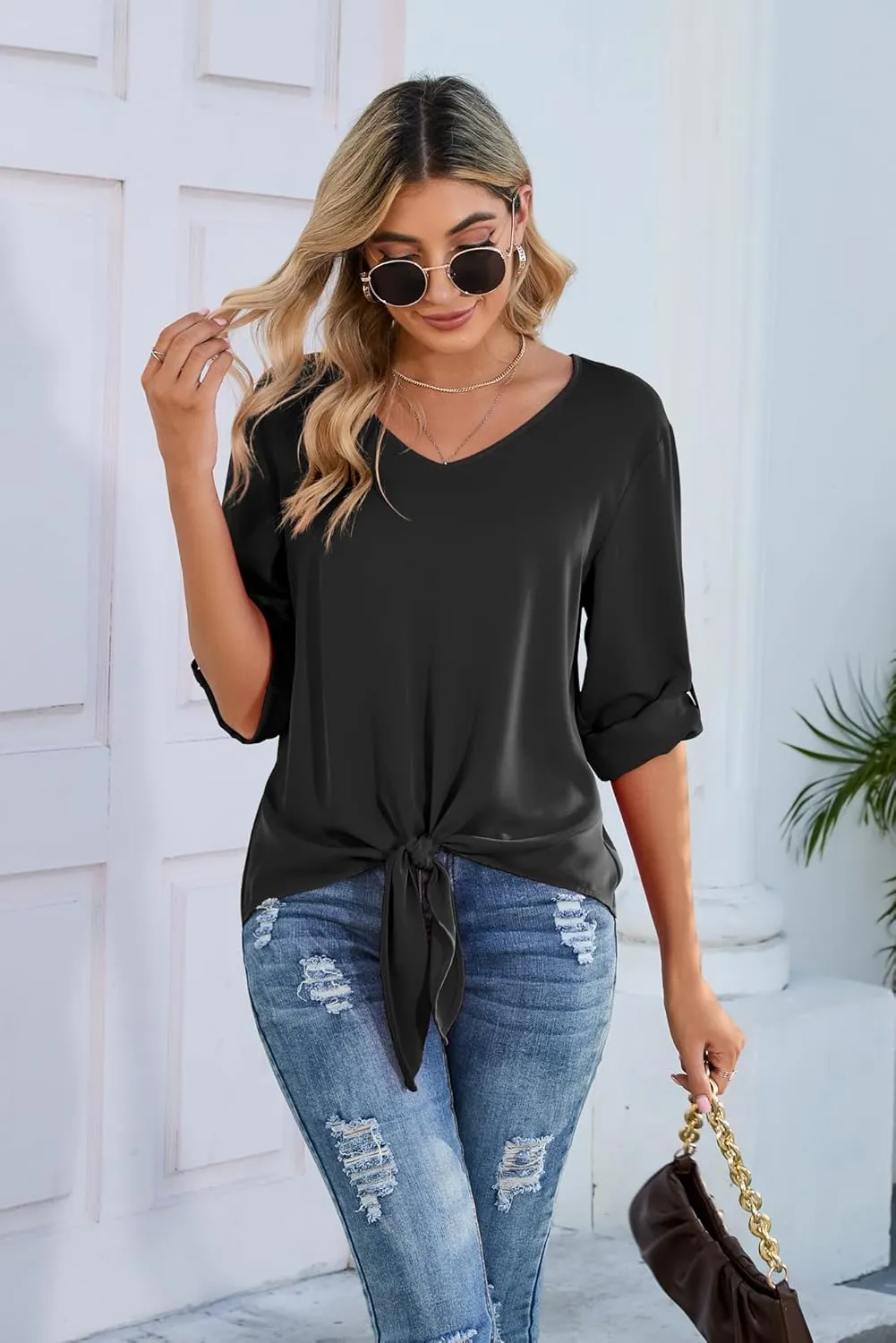 SUEANI Women's Tie Front Tops Roll Up Sleeve V Neck Chiffon Blouse Casual Work Shirt