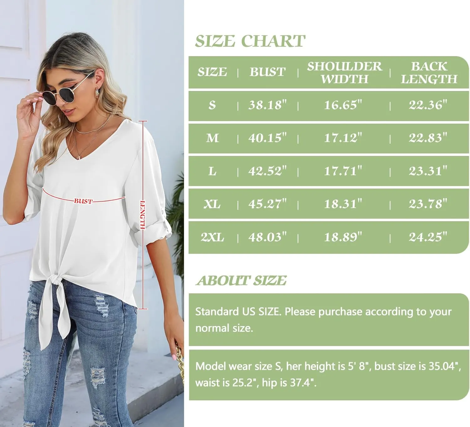 SUEANI Women's Tie Front Tops Roll Up Sleeve V Neck Chiffon Blouse Casual Work Shirt