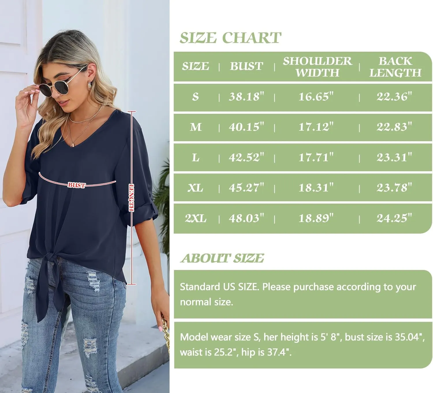 SUEANI Women's Tie Front Tops Roll Up Sleeve V Neck Chiffon Blouse Casual Work Shirt