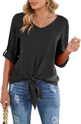 SUEANI Women's Tie Front Tops Roll Up Sleeve V Neck Chiffon Blouse Casual Work Shirt