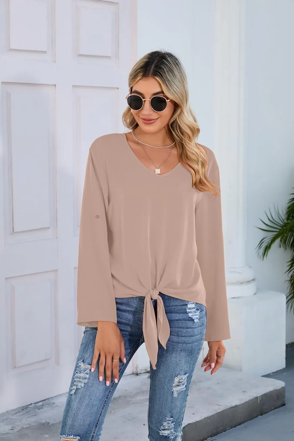 SUEANI Women's Tie Front Tops Roll Up Sleeve V Neck Chiffon Blouse Casual Work Shirt