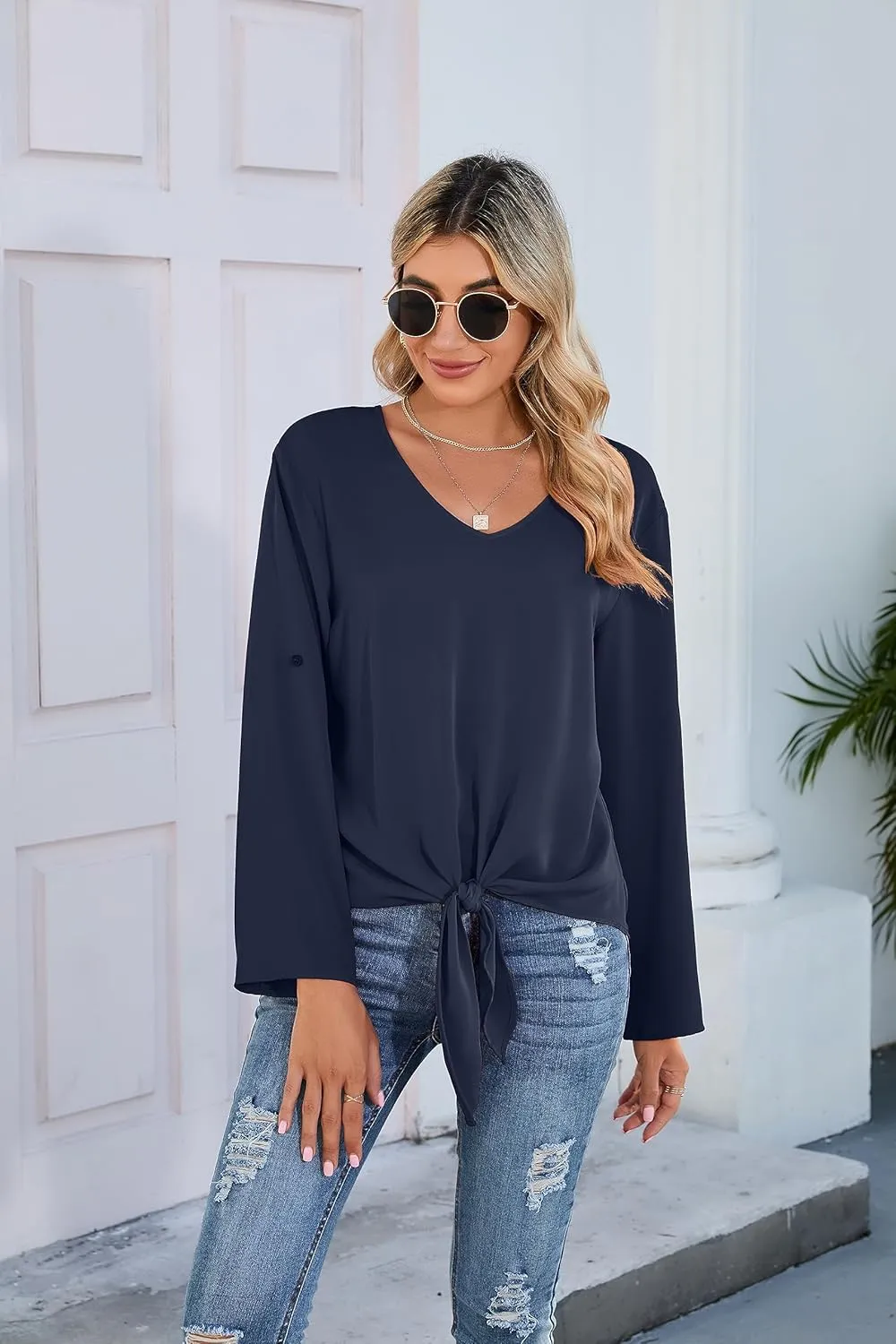 SUEANI Women's Tie Front Tops Roll Up Sleeve V Neck Chiffon Blouse Casual Work Shirt