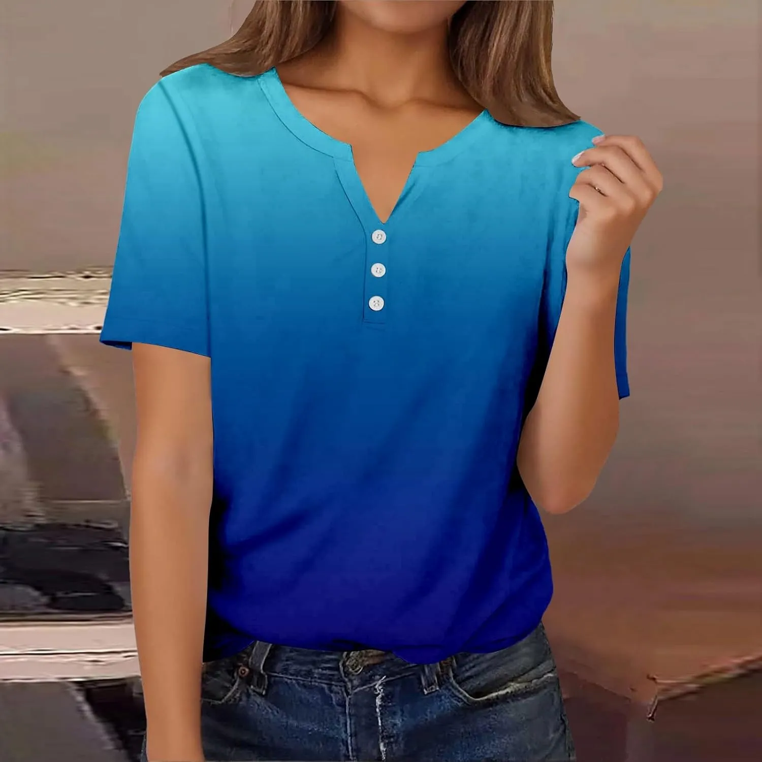 Summer Graphic Tees for Women Short Sleeve Fashion Tops Henley V Neck T Shirts Loose Fit Vacation Tshirt Casual Blouse