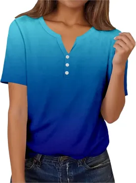 Summer Graphic Tees for Women Short Sleeve Fashion Tops Henley V Neck T Shirts Loose Fit Vacation Tshirt Casual Blouse