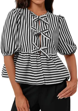 Tankaneo Womens Tie Front Tops Summer Peplum Babydoll Puff Short Sleeve Blouse Cute Cotton Shirts