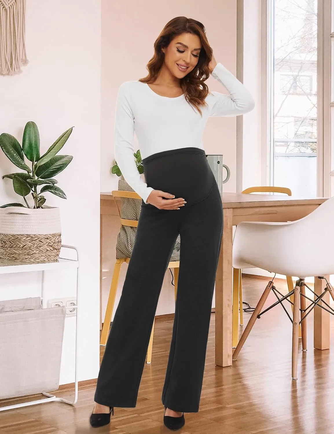 Tapata Women's Maternity Pants 28" 30" 32" Bootcut Dress Pants with Pockets Over Belly Pregnancy Work Pants Over-Bump Casual