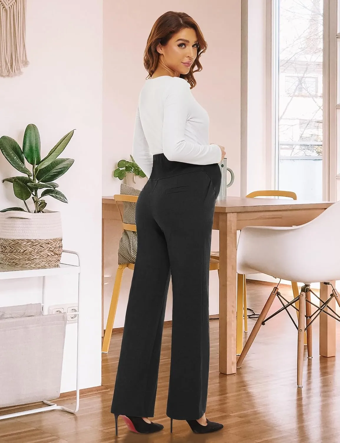 Tapata Women's Maternity Pants 28" 30" 32" Bootcut Dress Pants with Pockets Over Belly Pregnancy Work Pants Over-Bump Casual