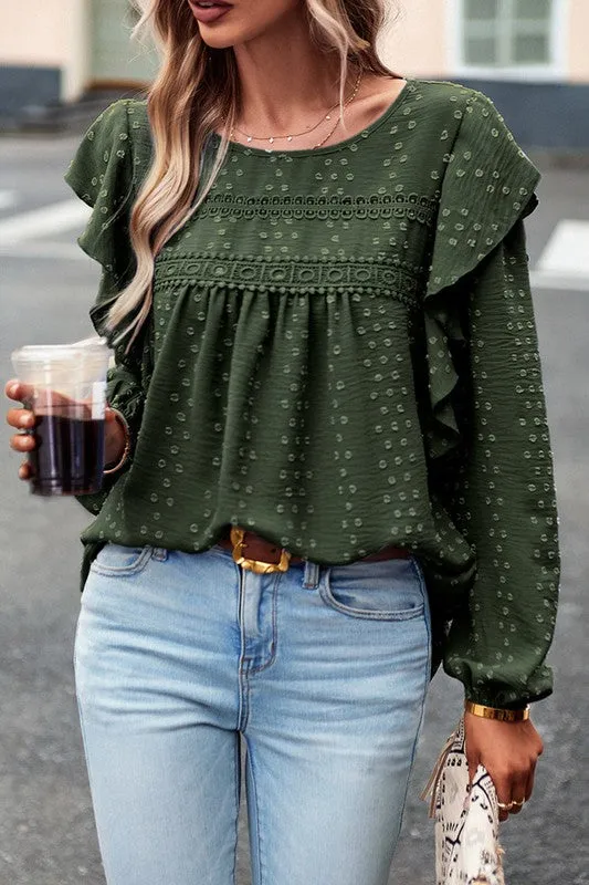 TEEK - Lace Eyelet Ruffle Shoulder Long Sleeve Blouse