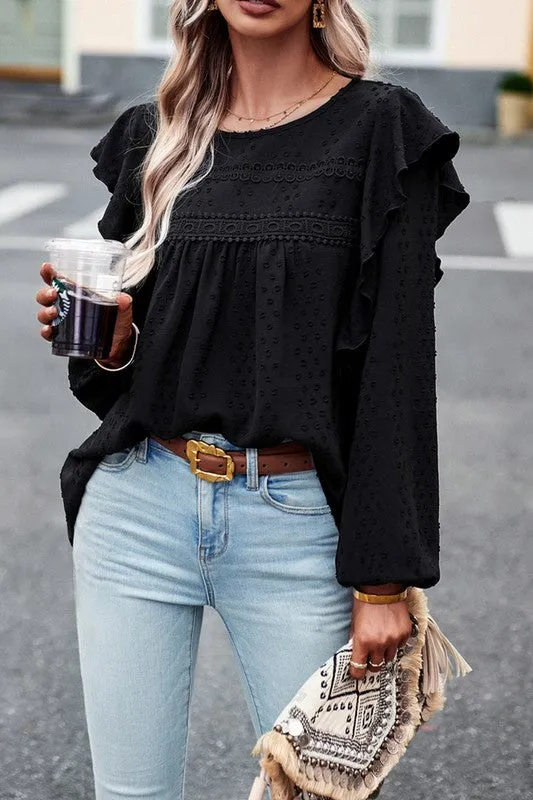 TEEK - Lace Eyelet Ruffle Shoulder Long Sleeve Blouse