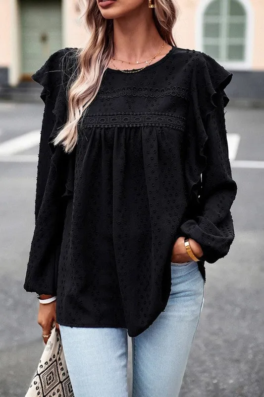 TEEK - Lace Eyelet Ruffle Shoulder Long Sleeve Blouse