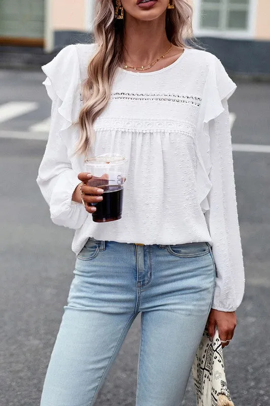 TEEK - Lace Eyelet Ruffle Shoulder Long Sleeve Blouse
