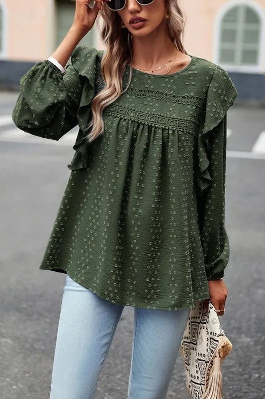 TEEK - Lace Eyelet Ruffle Shoulder Long Sleeve Blouse