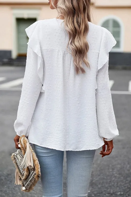 TEEK - Lace Eyelet Ruffle Shoulder Long Sleeve Blouse