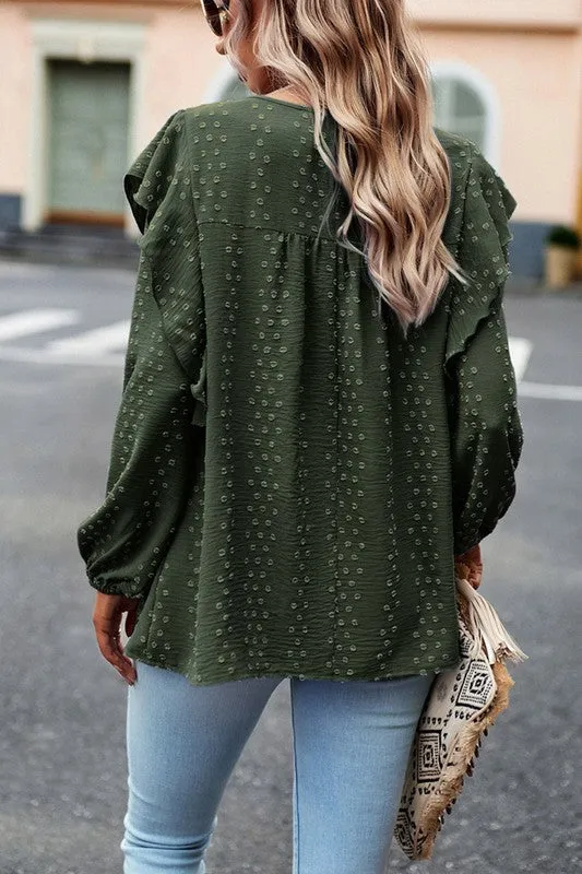 TEEK - Lace Eyelet Ruffle Shoulder Long Sleeve Blouse
