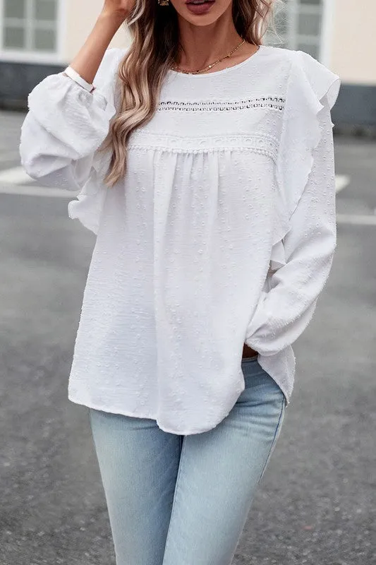 TEEK - Lace Eyelet Ruffle Shoulder Long Sleeve Blouse