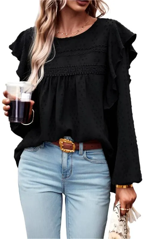 TEEK - Lace Eyelet Ruffle Shoulder Long Sleeve Blouse