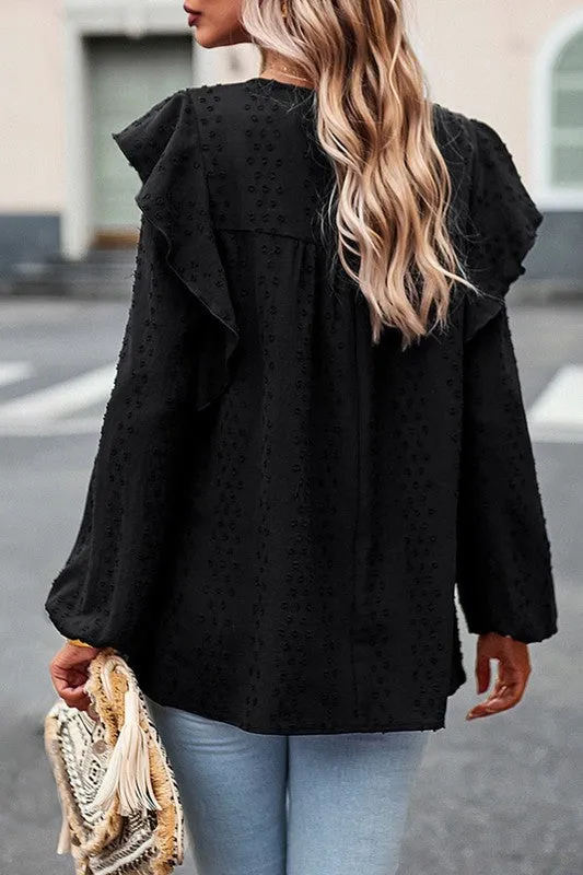 TEEK - Lace Eyelet Ruffle Shoulder Long Sleeve Blouse